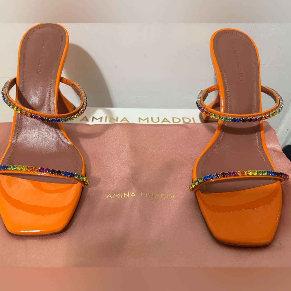 Amina Muaddi Vibrant Orange Heels with Colorful Straps, size 38 1/2
